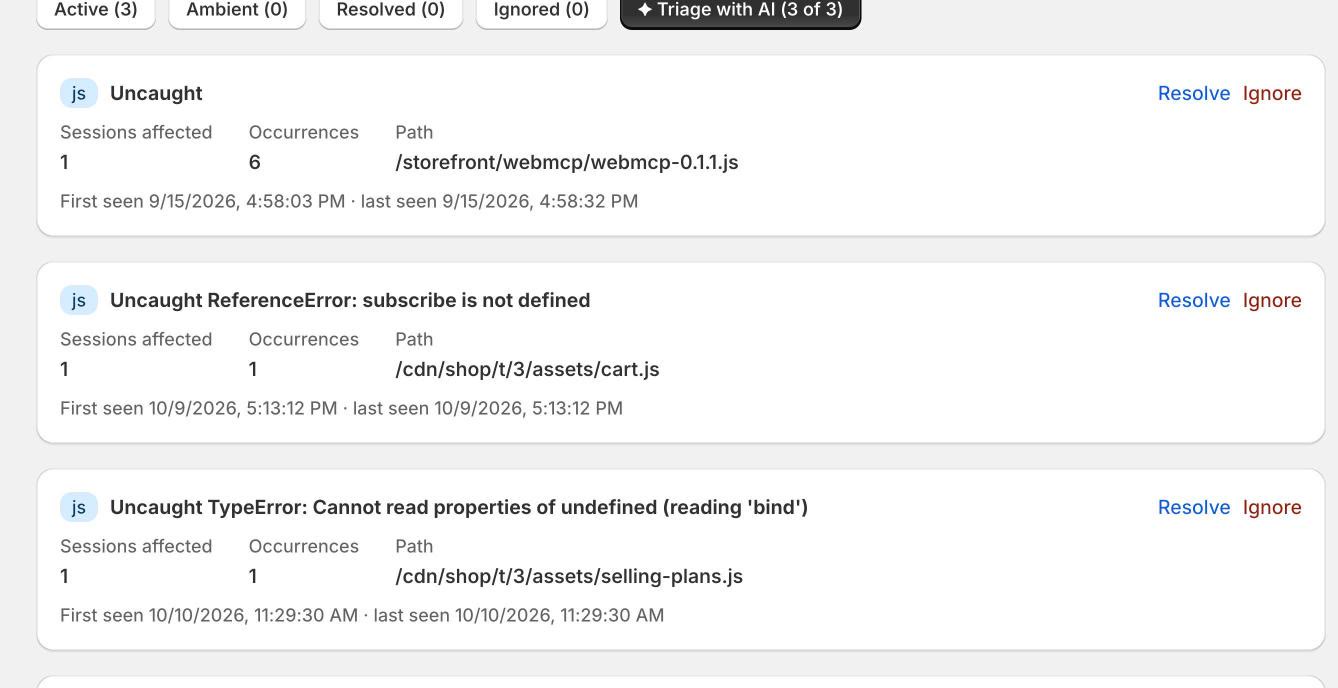 Storefront errors listed with sessions affected, occurrences and the file each came from